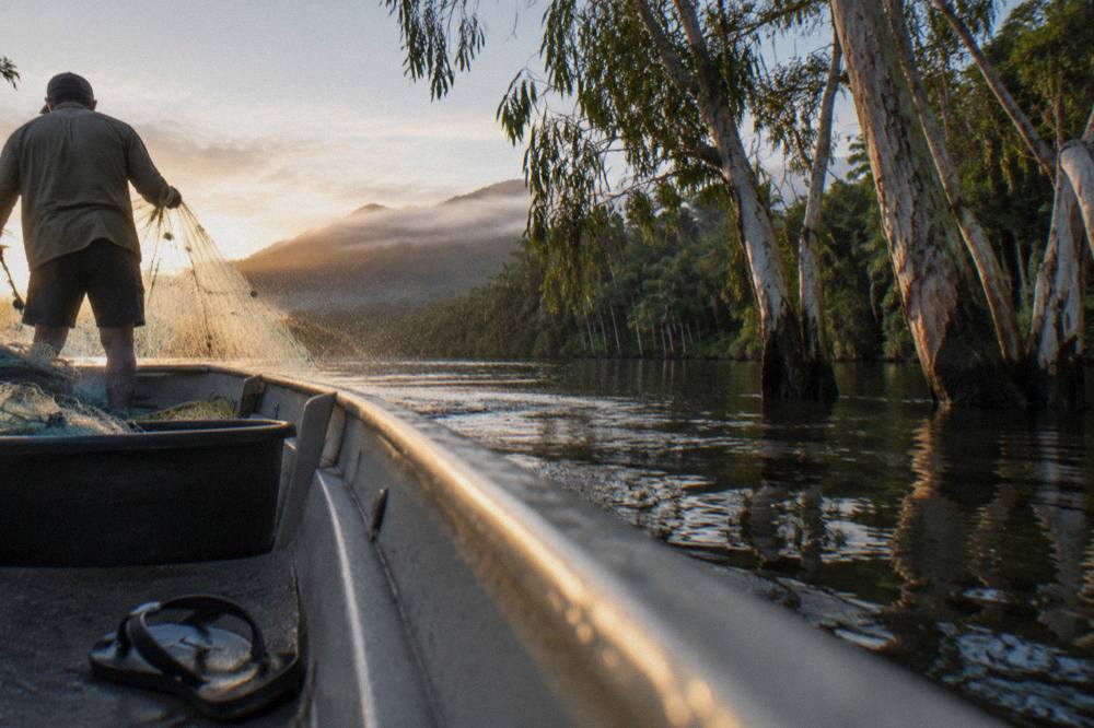 Small open fishing boat drifting on a calm mangrove inlet at first light