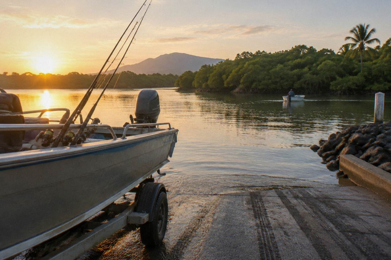 Fishing rods resting against the rail of a small boat on a calm tropical inlet at sunrise