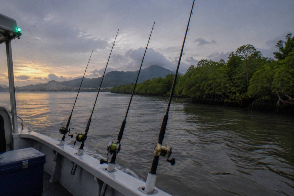Fishing rods resting in holders along the side of a small charter boat on open water