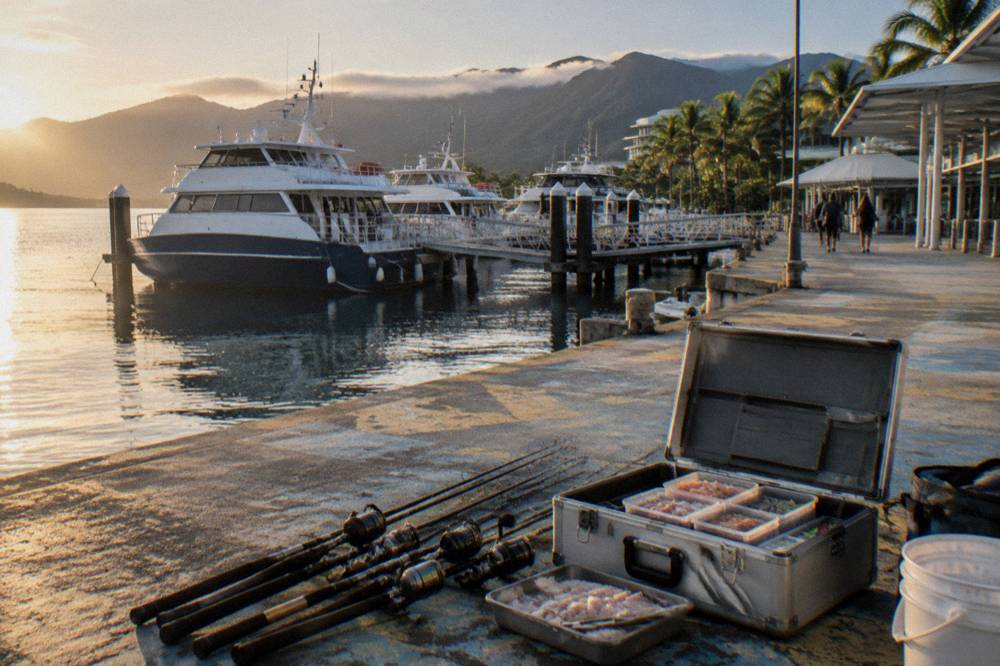 Tackle box with rods and bait laid out on the deck of a fishing charter boat