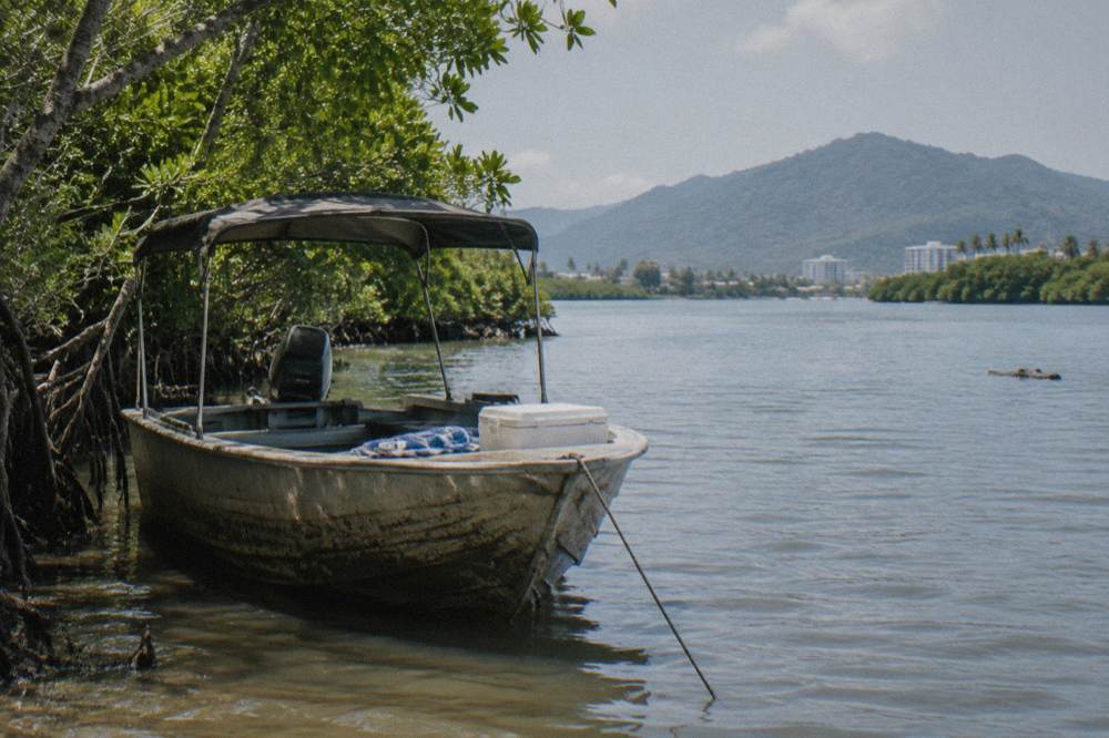 Small shaded tinnie boat anchored near mangroves on a calm tropical inlet