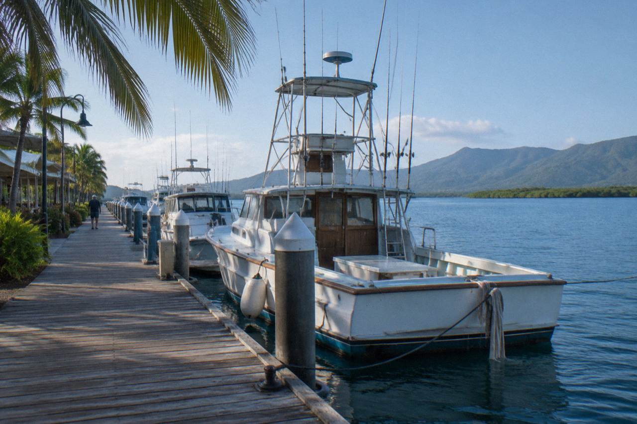 Fishing charter boats moored at a tropical marina beside calm blue inlet water