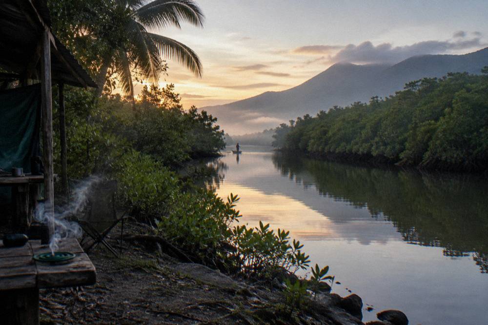 Mangrove-lined tropical inlet channel with calm water at first light
