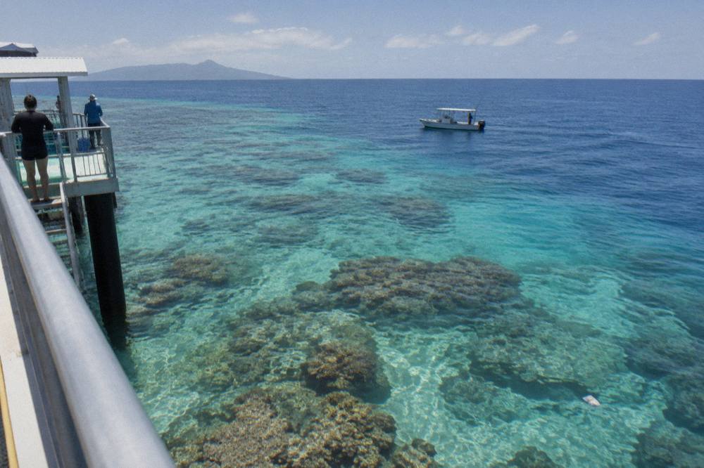 A small fishing boat on calm blue tropical water near reef bommies in morning light