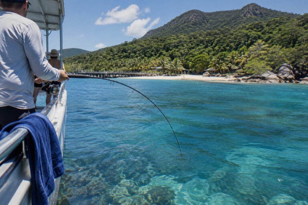 Reef fishing rod bent over the side of a boat above clear tropical water