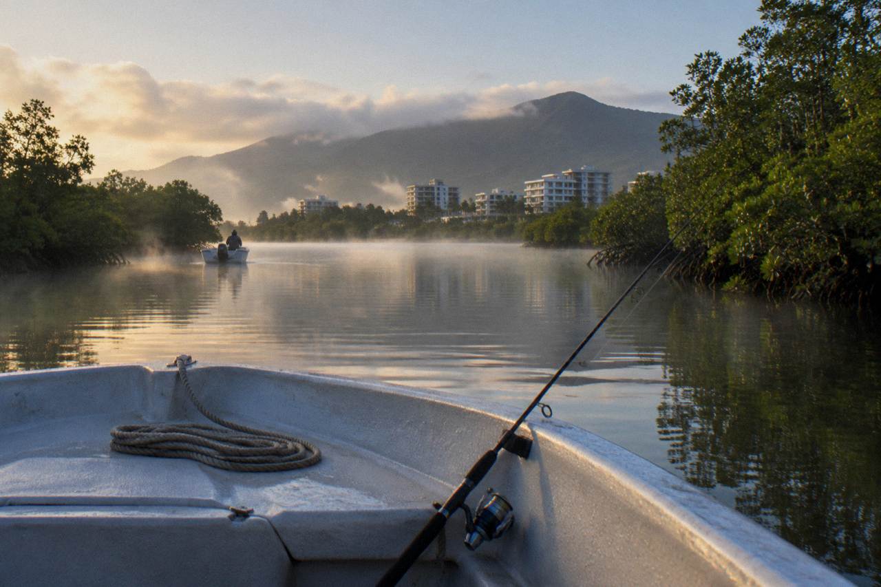 Calm tropical inlet water near mangroves at first light with a fishing rod resting against the gunwale of a small boat