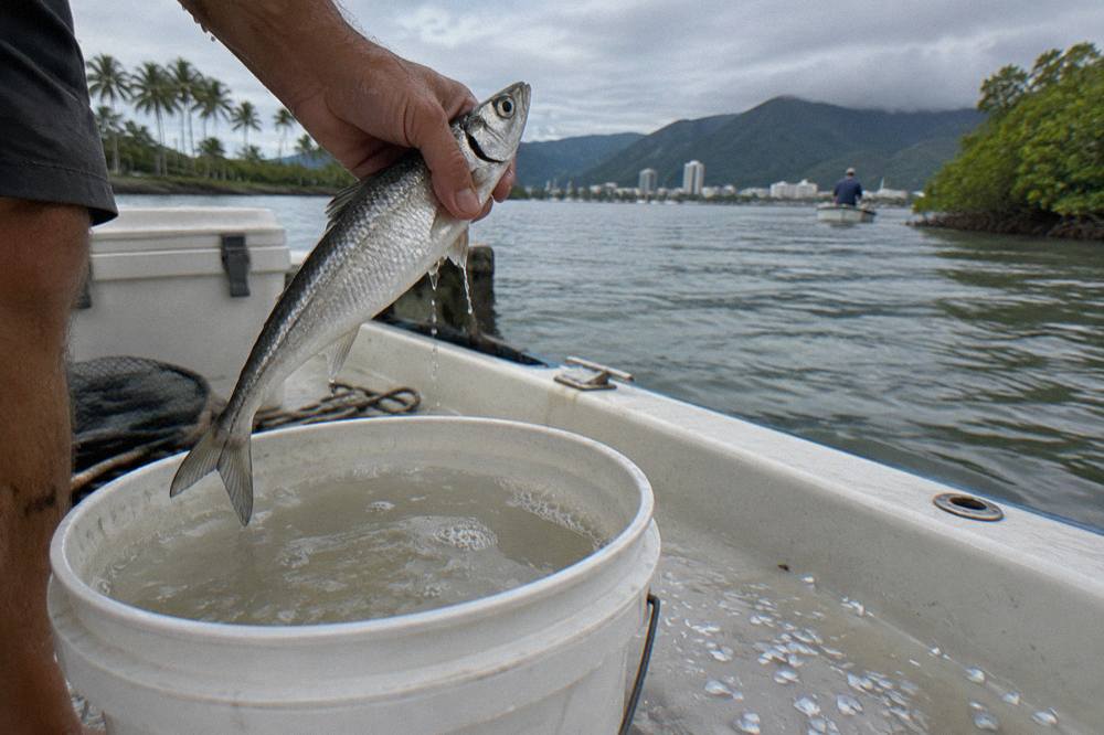 A hand holding a small live bait fish above a bucket of estuary water