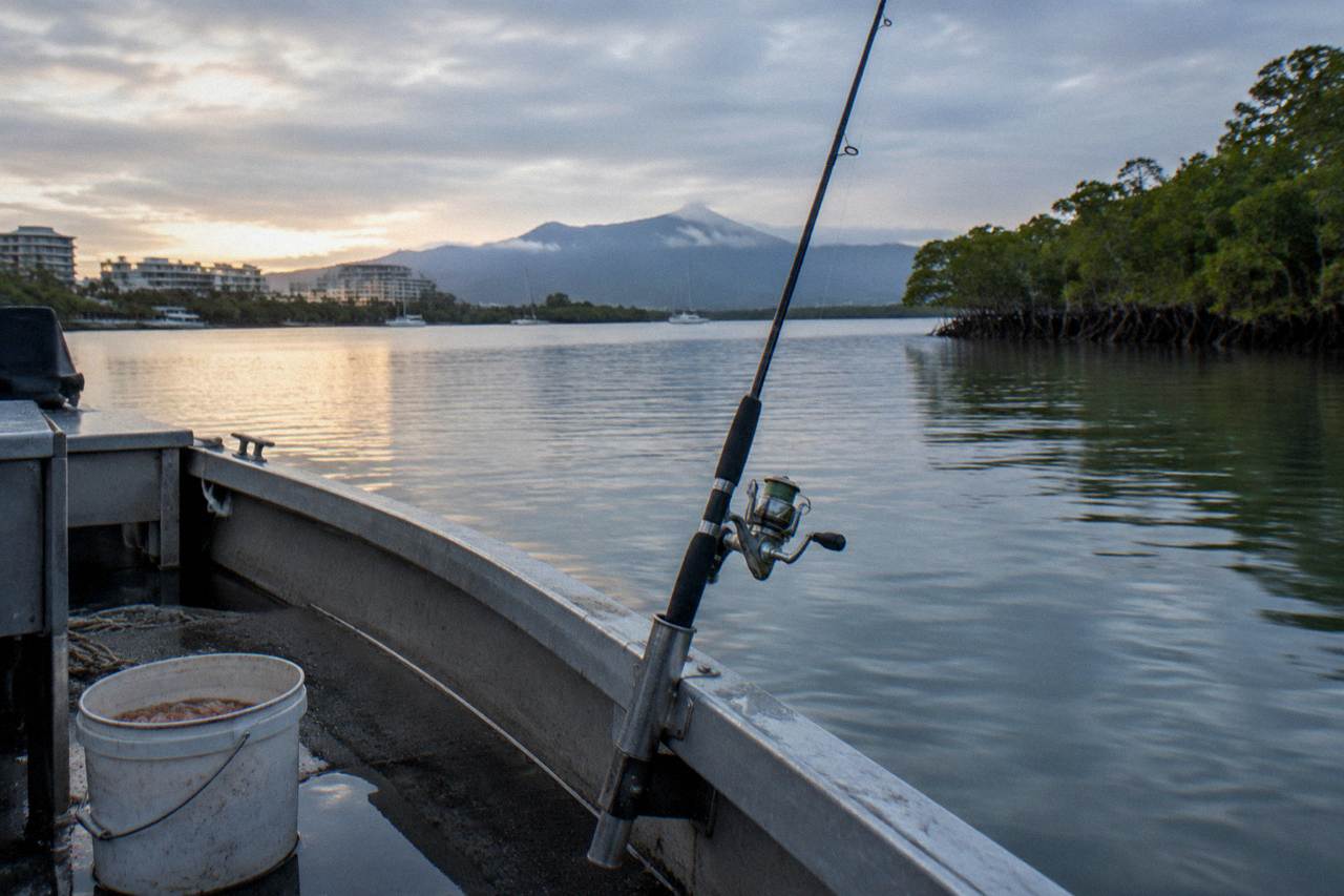 A fishing rod resting in a rod holder beside a calm mangrove creek at dawn