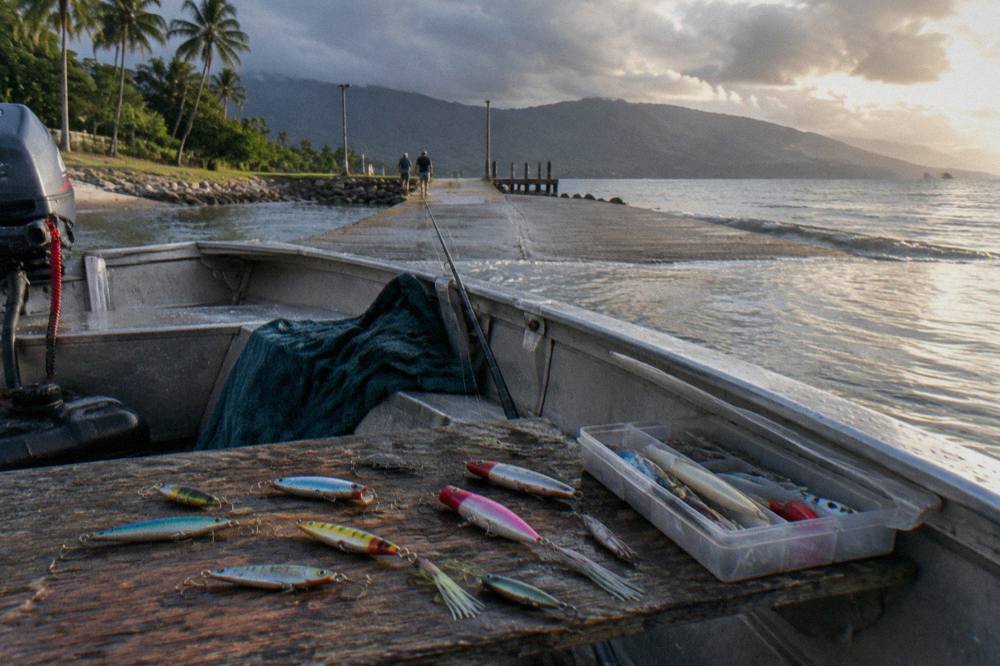 Assorted fishing lures laid out on a wooden boat deck beside a tackle box