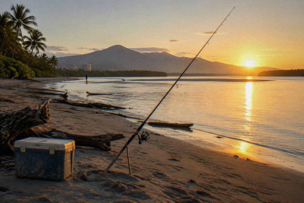 Fishing rod resting in a rod holder on a riverbank as the sun rises over the water