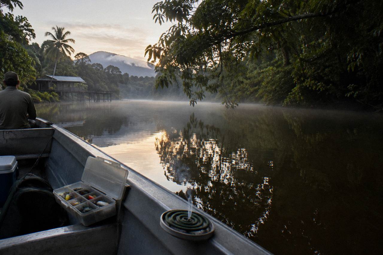 Calm mangrove creek water at dawn with overhanging trees along the bank