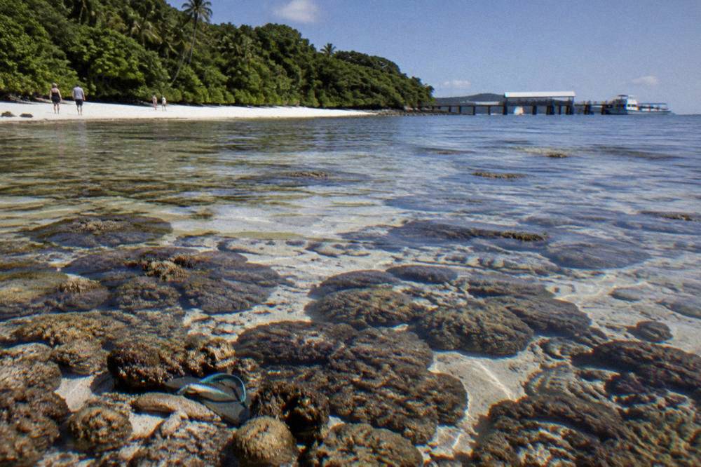 Open tropical water with reef marks showing near the surface on a clear calm morning