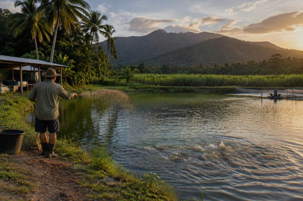 Calm stocked pond surrounded by tropical farmland at Wonga Beach