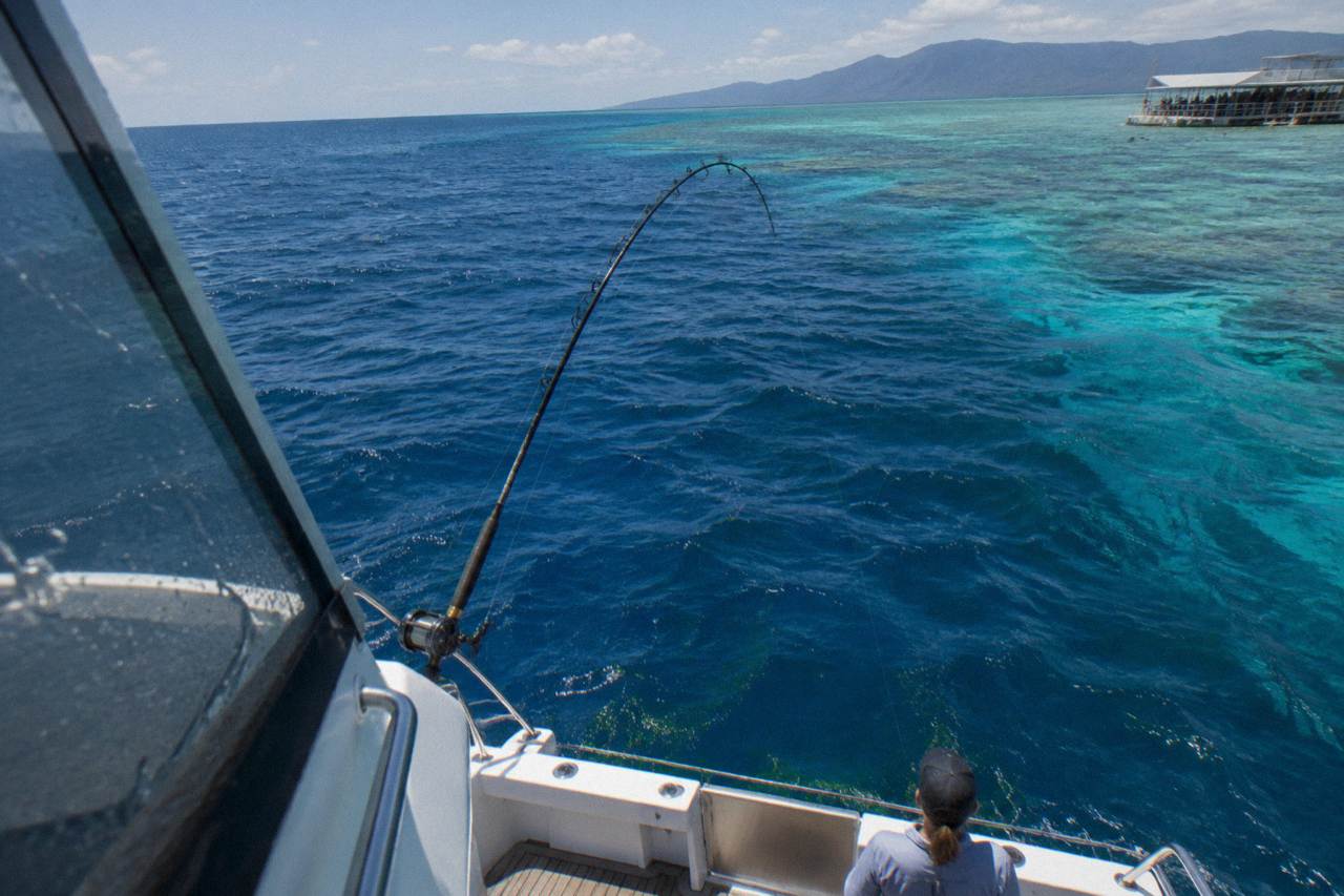 Fishing rod bent over the stern of a boat above an open tropical sea with reef water in the background