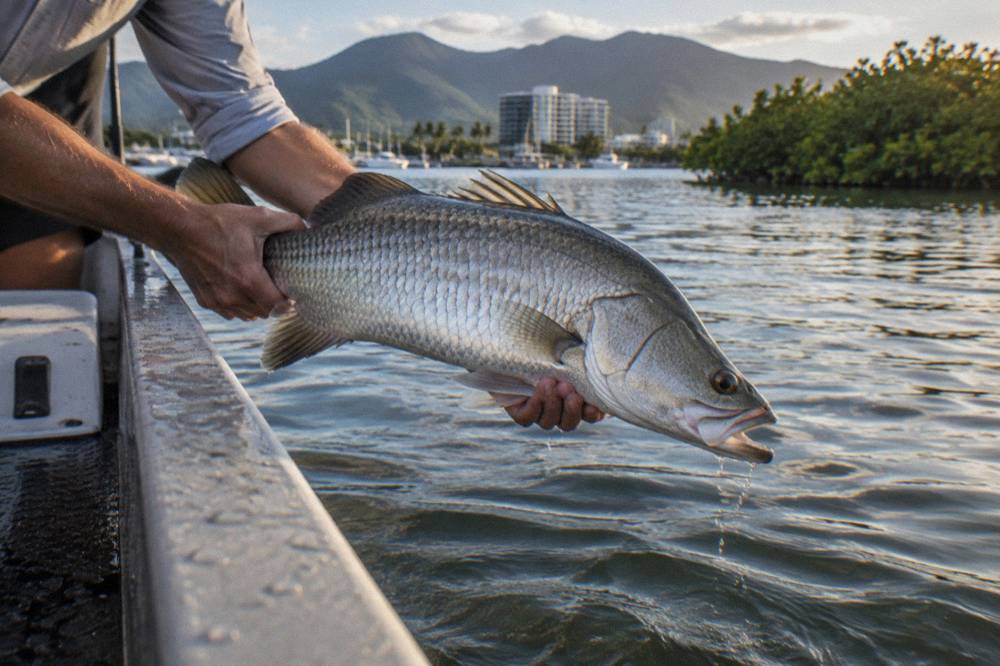 Angler holding a barramundi at boat side above calm inlet water