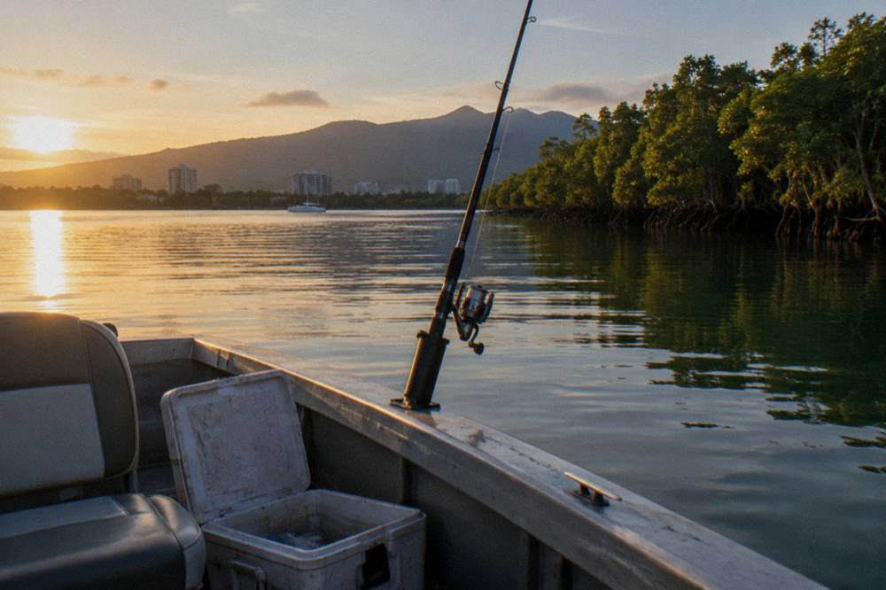 Fishing rod in holder on a boat with low sun over calm inlet water