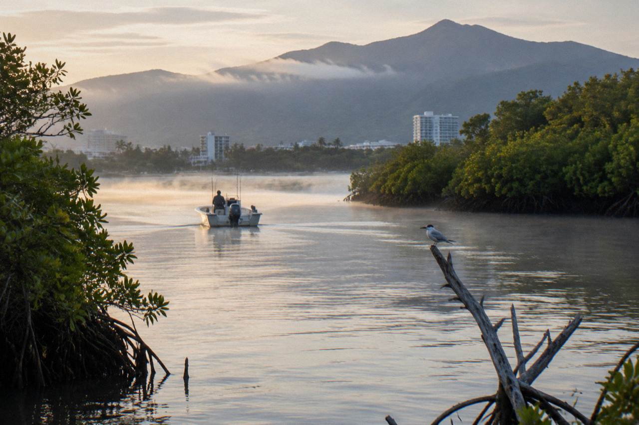 Small boat drifting on calm mangrove-lined inlet water at sunrise