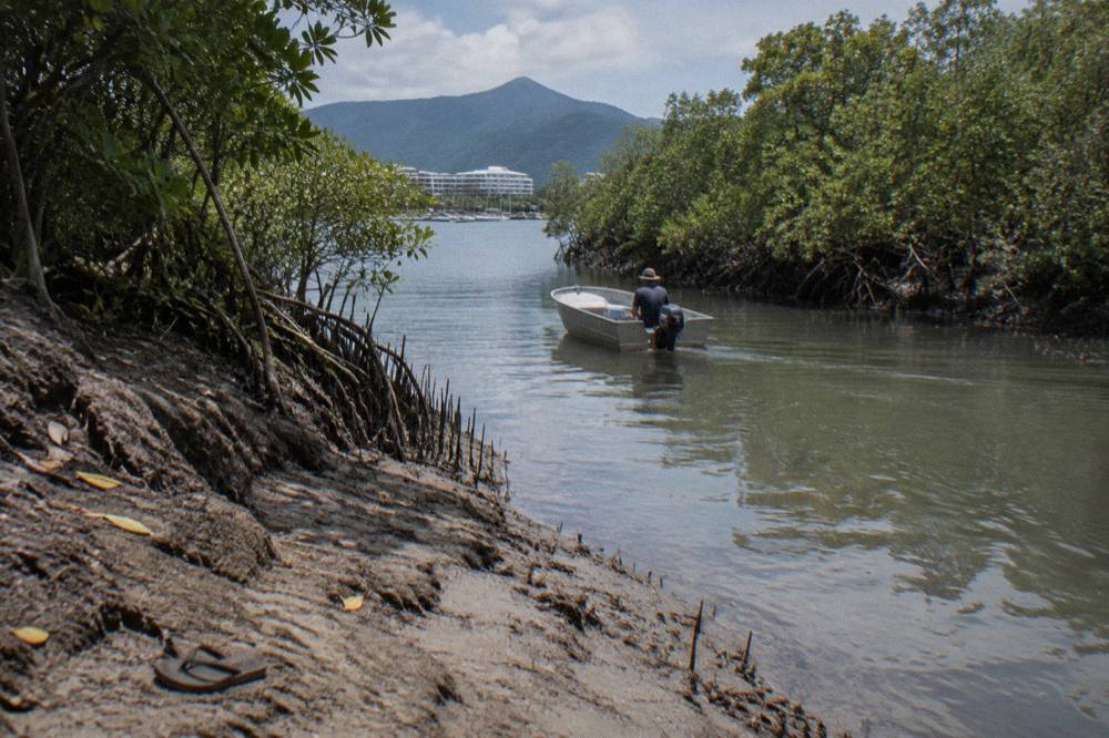 Small boat drifting on calm mangrove creek water in tropical morning light