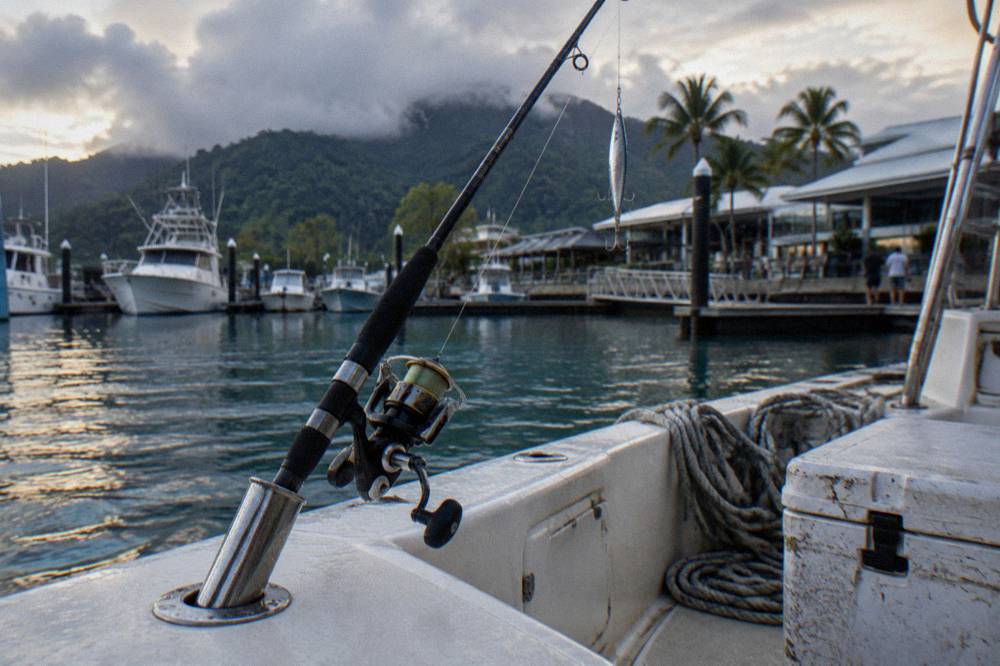 Fishing rod resting in a rod holder on a small boat deck near tropical shoreline