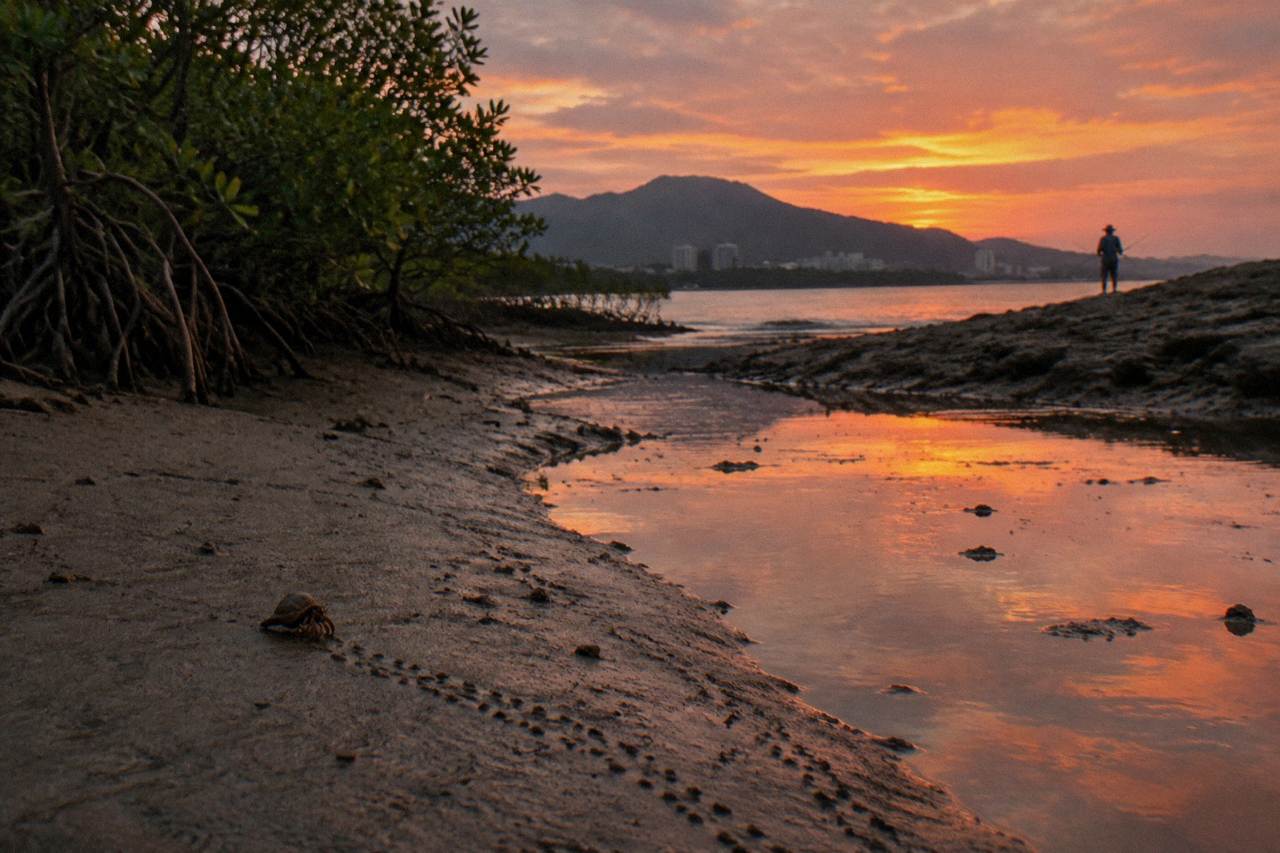 Calm tropical inlet water at dusk with mangroves along the far shore