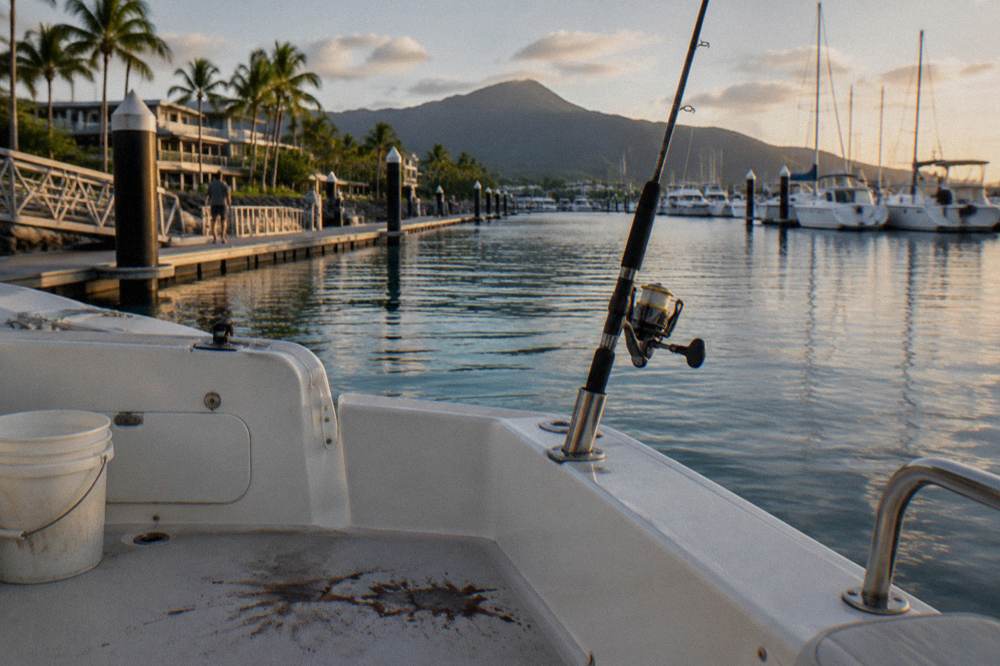 Fishing rod resting in a holder on a boat deck with calm water beyond