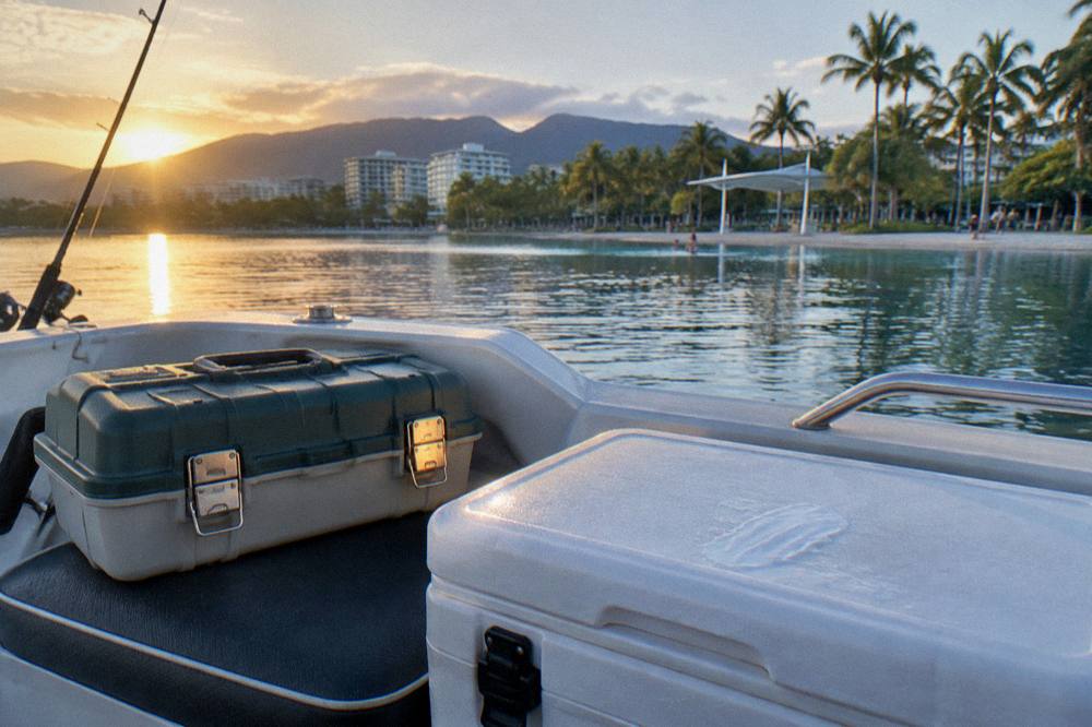 Tackle box and cooler arranged on a boat bench seat in morning light