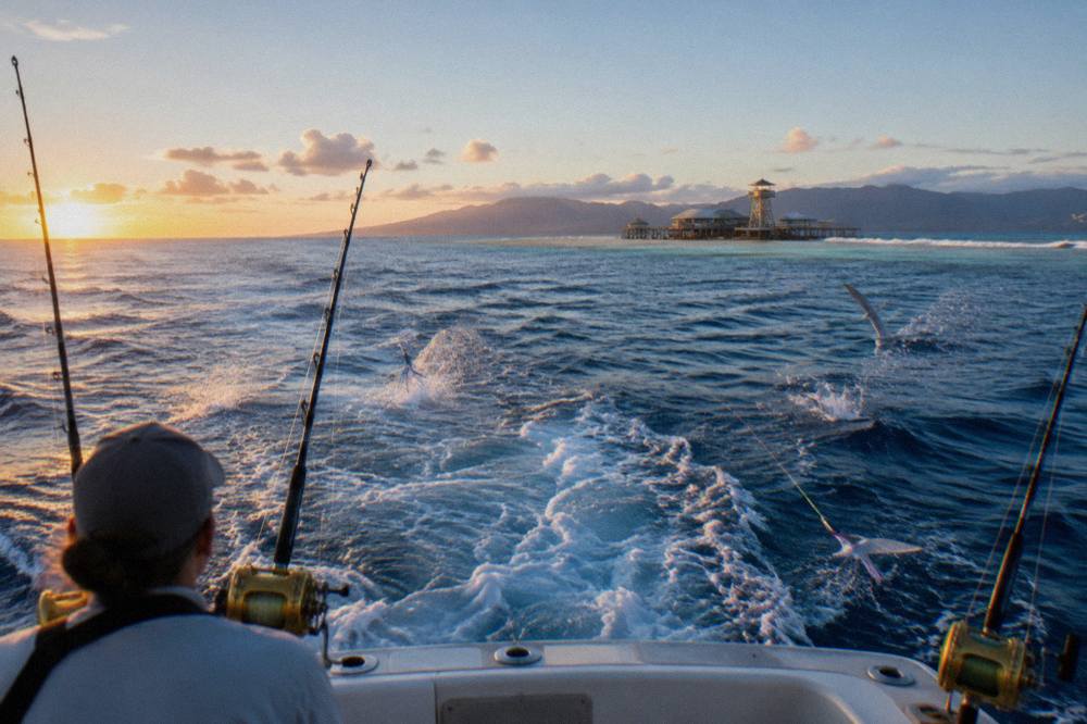 Game fishing boat trolling smooth open water along the outer reef line at sunrise