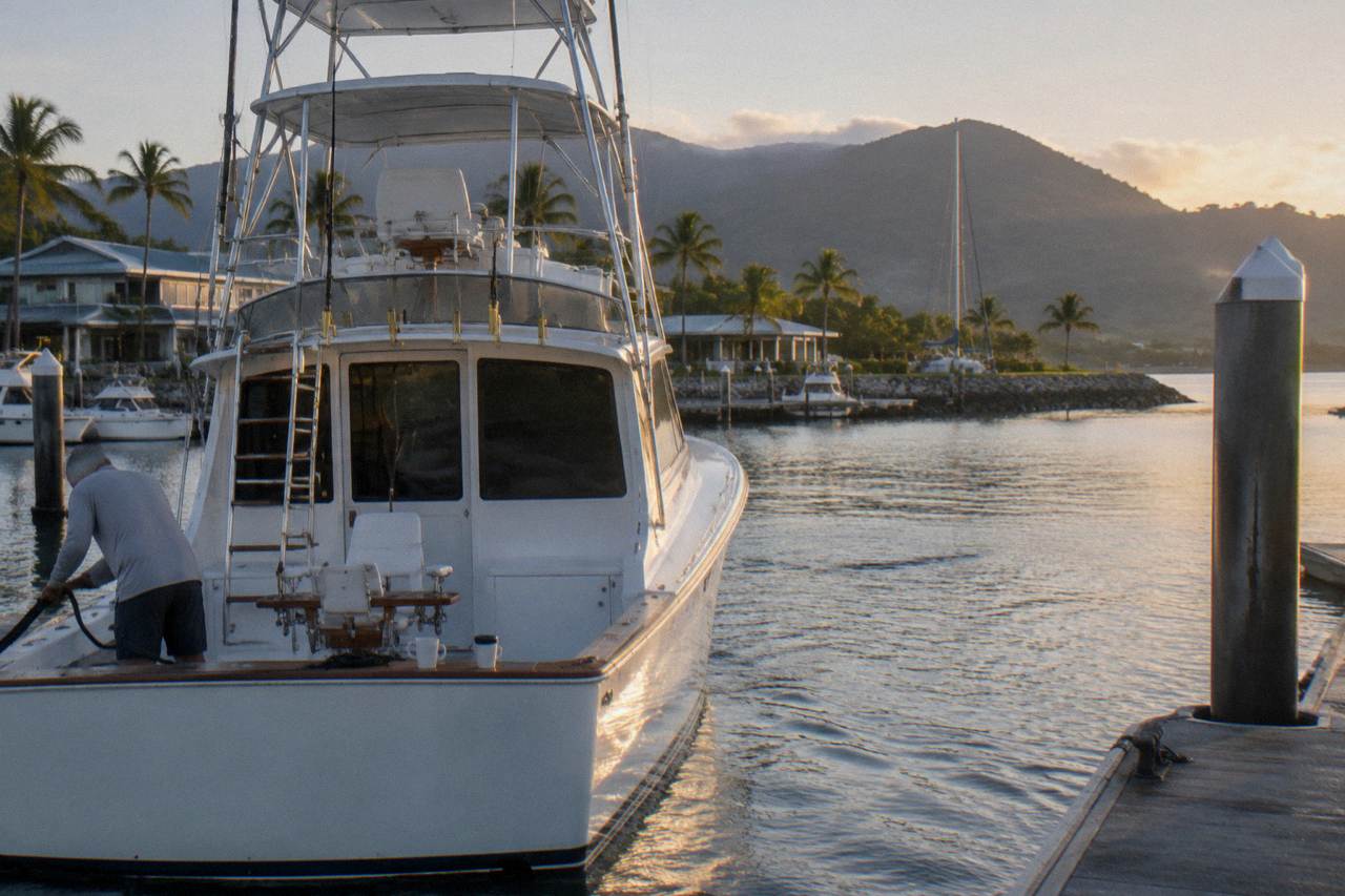 Game fishing boat trolling along the outer edge of the Great Barrier Reef at first light