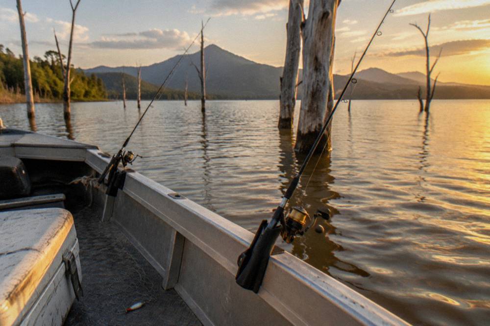 Fishing rods resting in rod holders along the rail of a small open boat