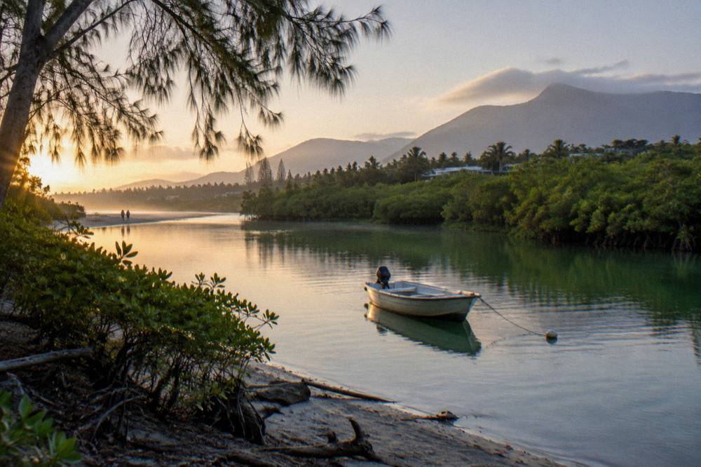 Calm mangrove channel reflecting green trees at first light