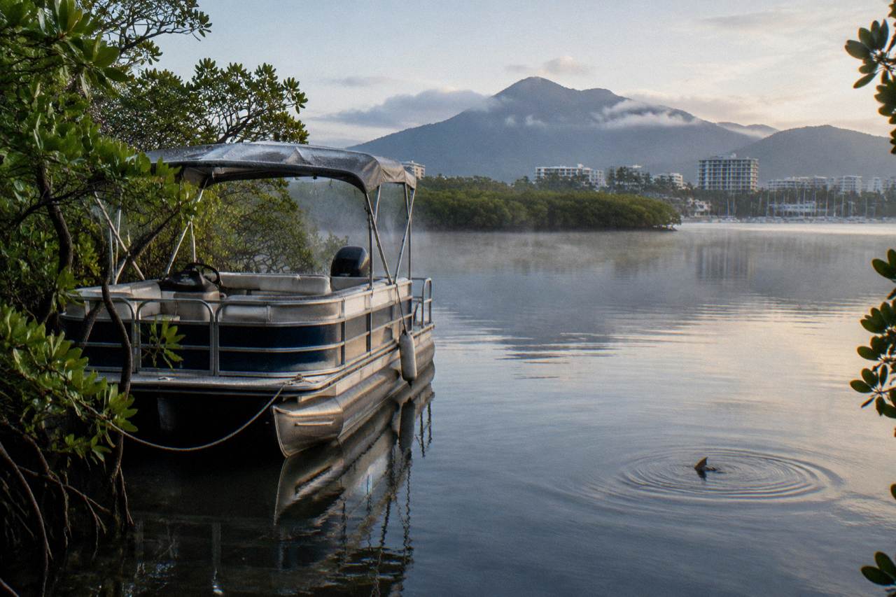 Shaded pontoon boat moored among mangroves on a calm tropical inlet at dawn