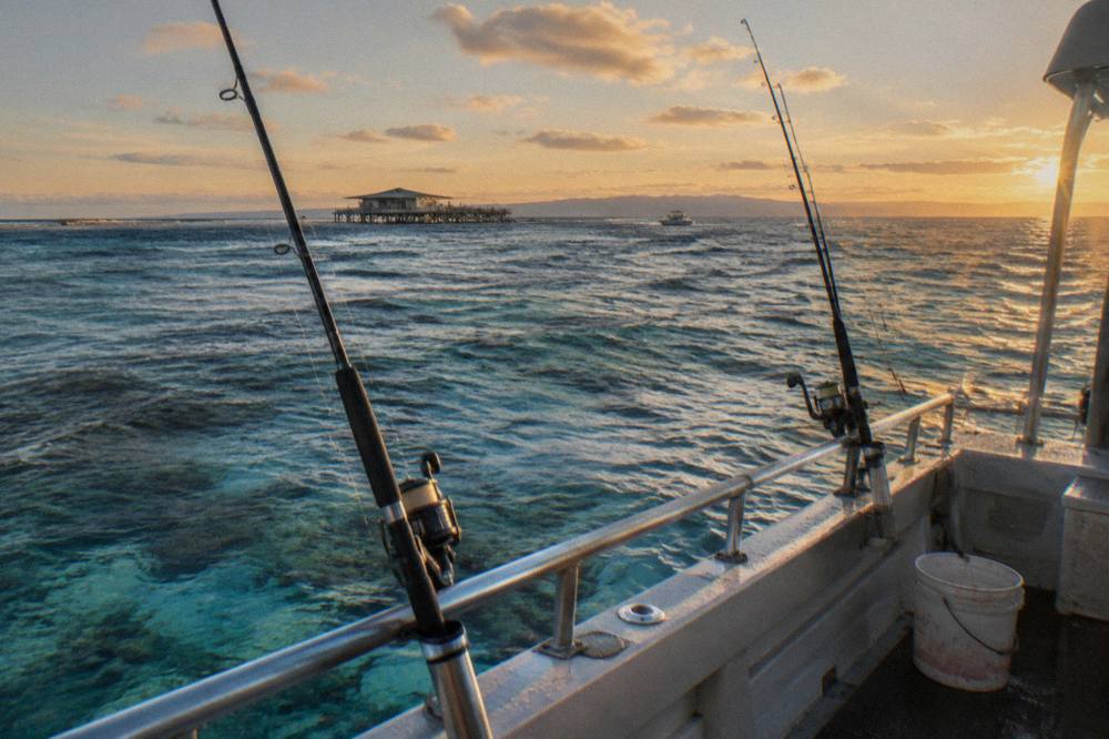 Charter boat anchored over a coral reef with fishing rods in holders along the rail