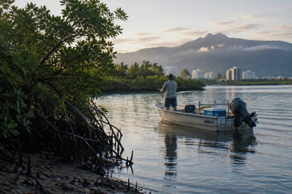 A small open fishing boat drifting along a calm mangrove inlet at first light